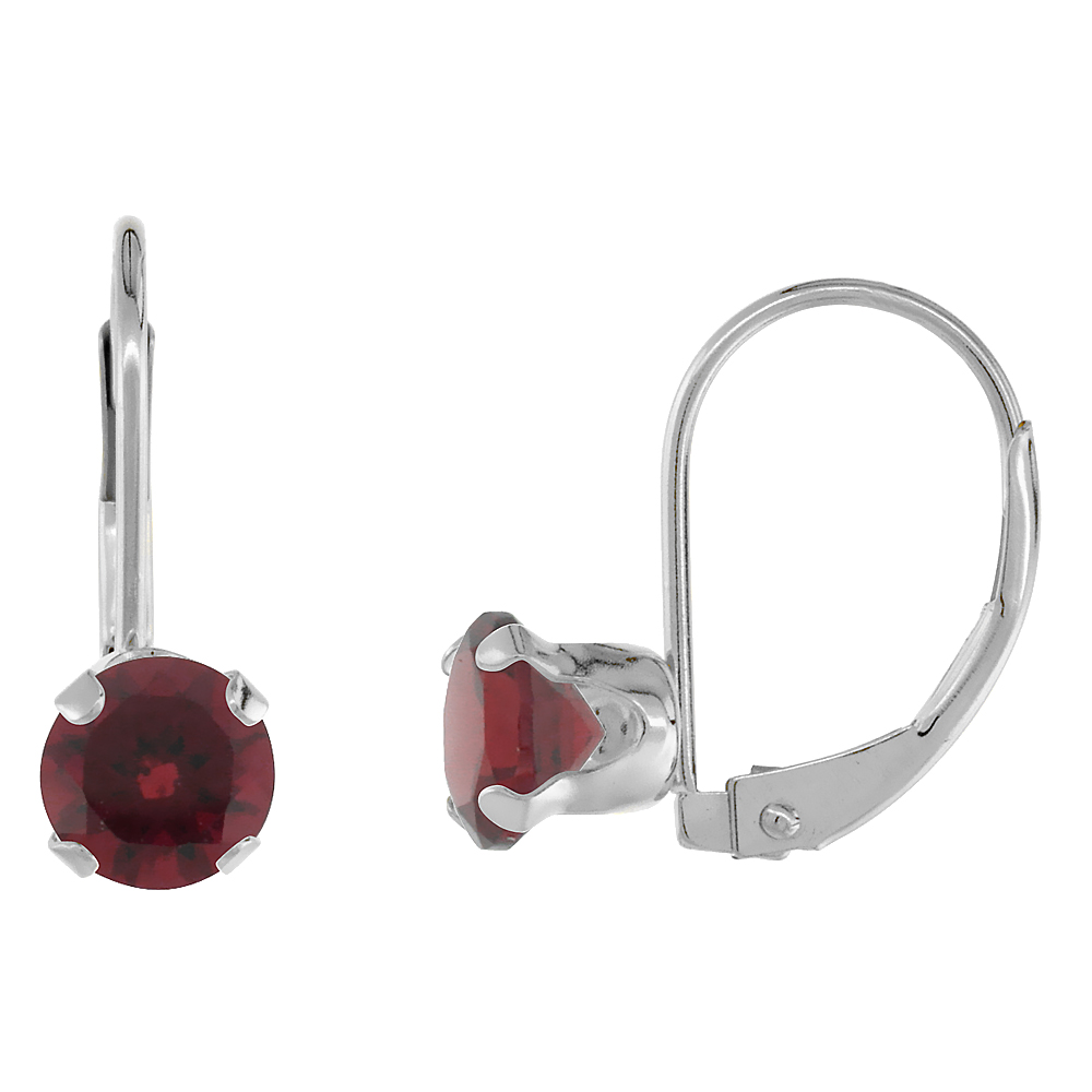 10K WHITE GOLD NATURAL GARNET LEVERBACK EARRINGS 6MM ROUND 1.5 CT, 9/16 INCH