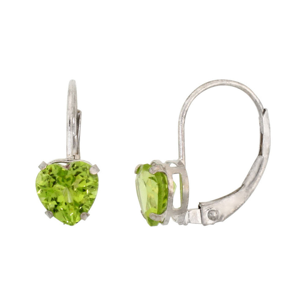 10K WHITE GOLD NATURAL PERIDOT LEVERBACK EARRINGS 6MM HEART SHAPE 1.5 CT, 9/16 INCH