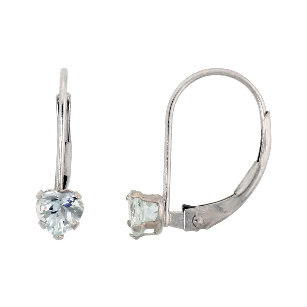 10K WHITE GOLD NATURAL AQUAMARINE LEVERBACK EARRINGS 4MM HEART SHAPE 0.50 CT, 9/16 INCH
