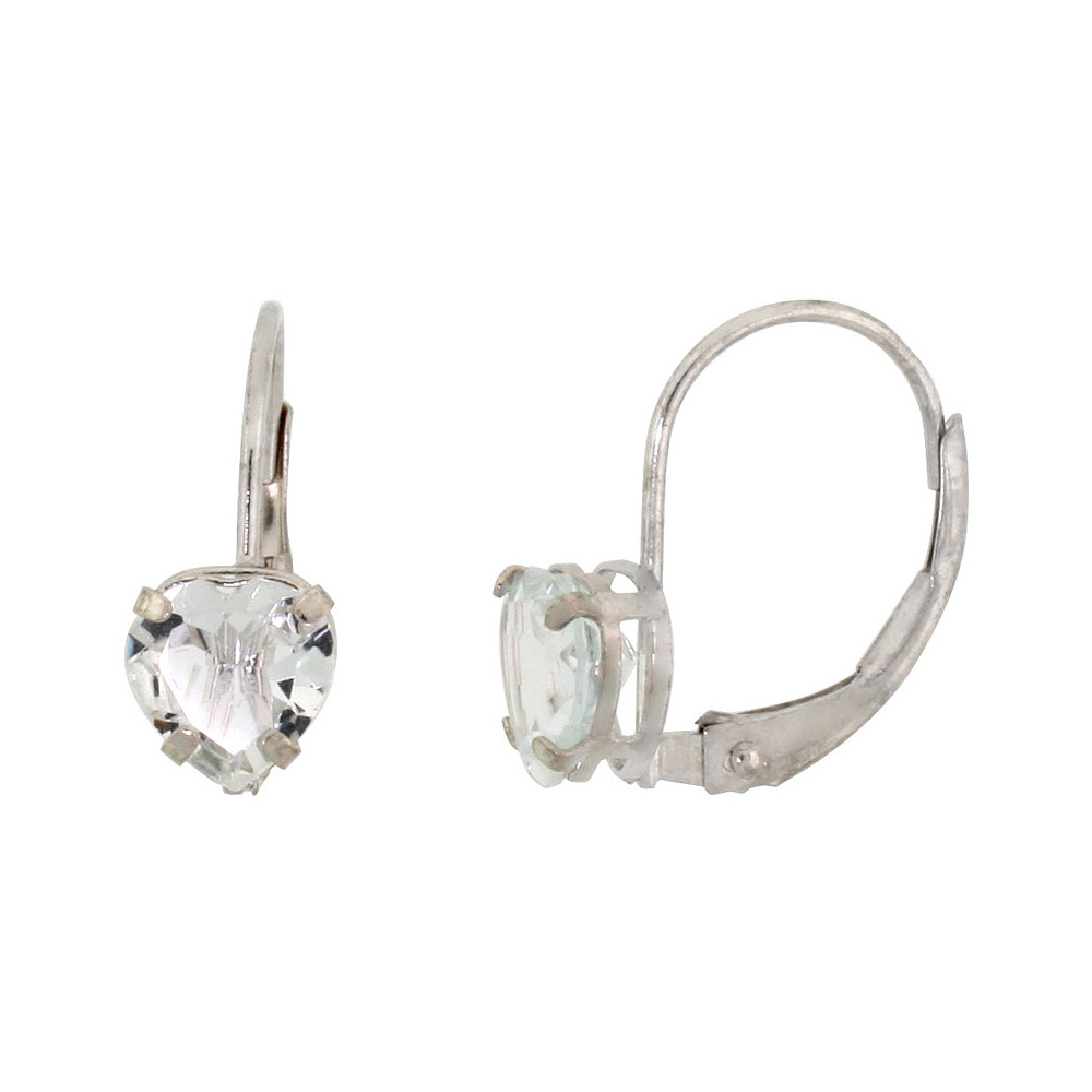 10k White Gold Natural Aquamarine Leverback Earrings 6mm Heart Shape 1.5 ct, 9/16 inch