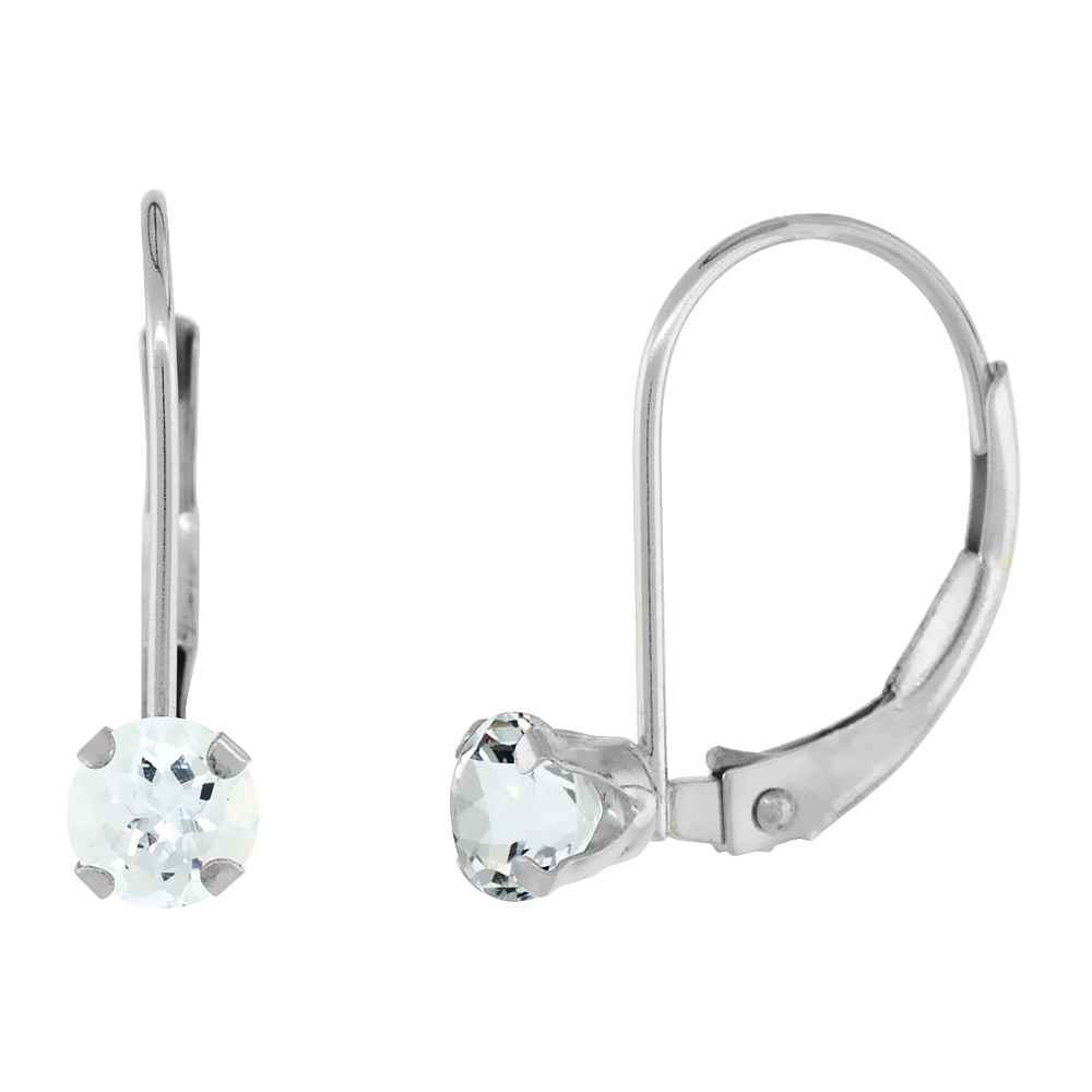 10K WHITE GOLD NATURAL AQUAMARINE LEVERBACK EARRINGS 4MM ROUND 0.50 CT, 9/16 INCH