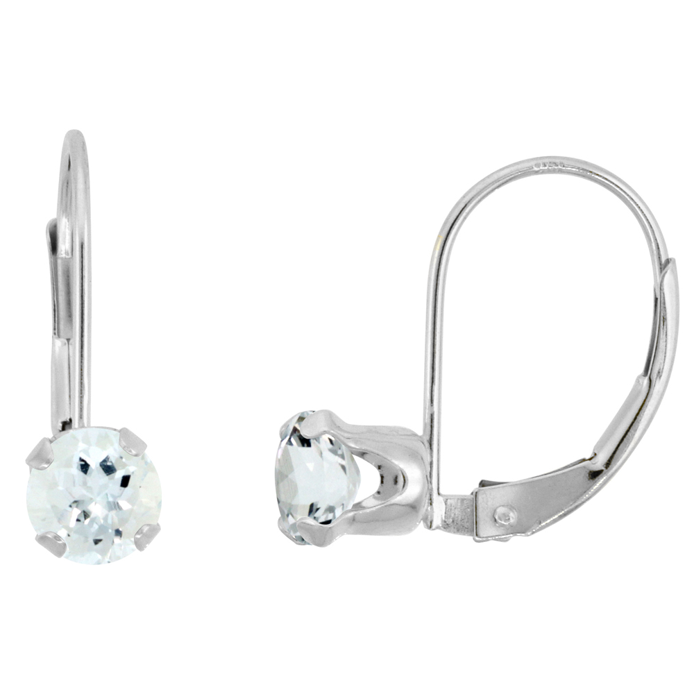 10K WHITE GOLD NATURAL AQUAMARINE LEVERBACK EARRINGS 5MM ROUND 1 CT, 9/16 INCH
