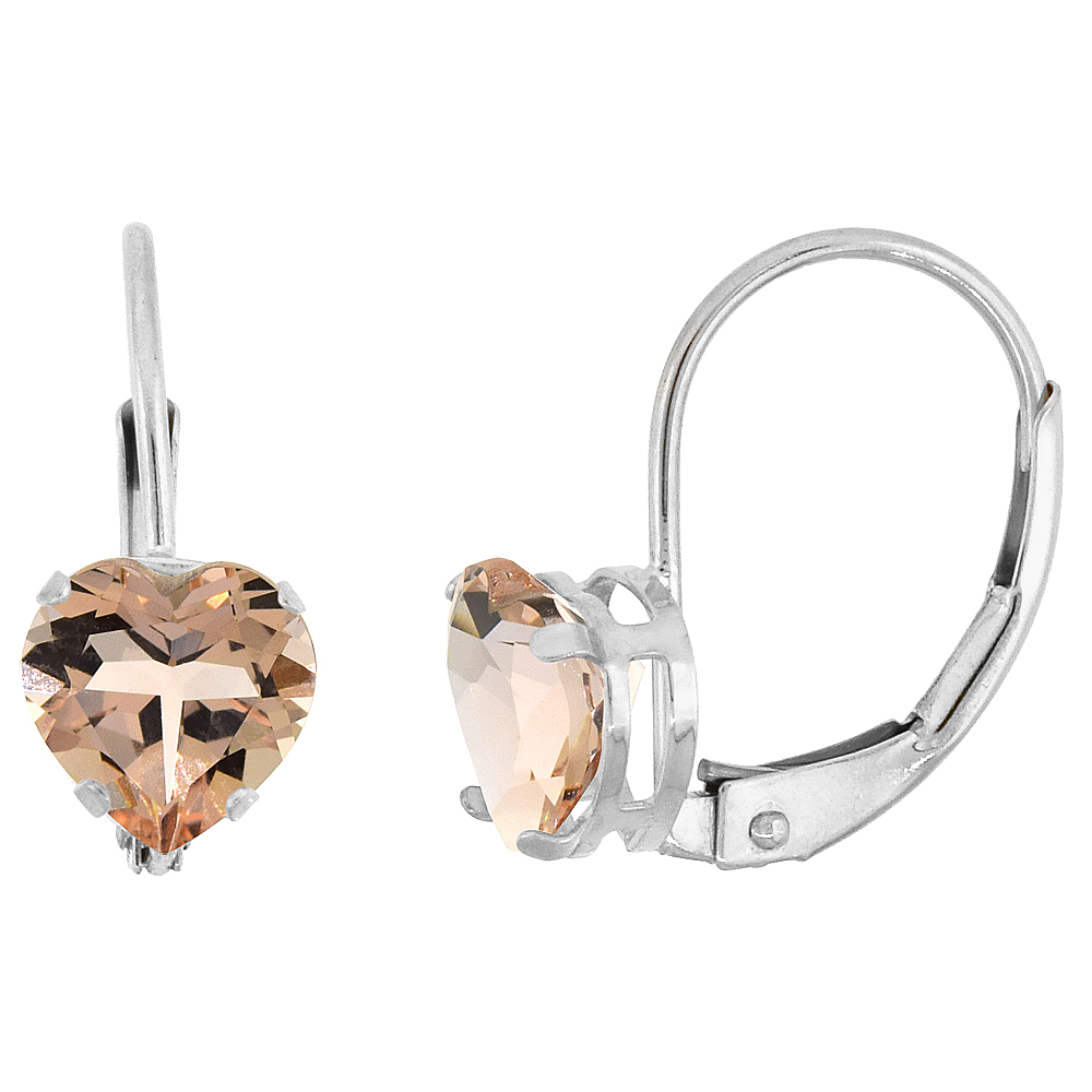 10k White Gold Natural Morganite Leverback Earrings 6mm Heart Shape 1.5 ct, 9/16 inch