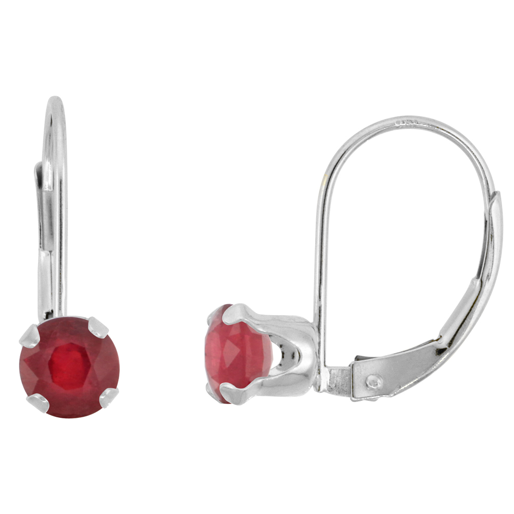 10K WHITE GOLD ENHANCED GENUINE RUBY LEVERBACK EARRINGS 5MM ROUND 1 CT, 9/16 INCH