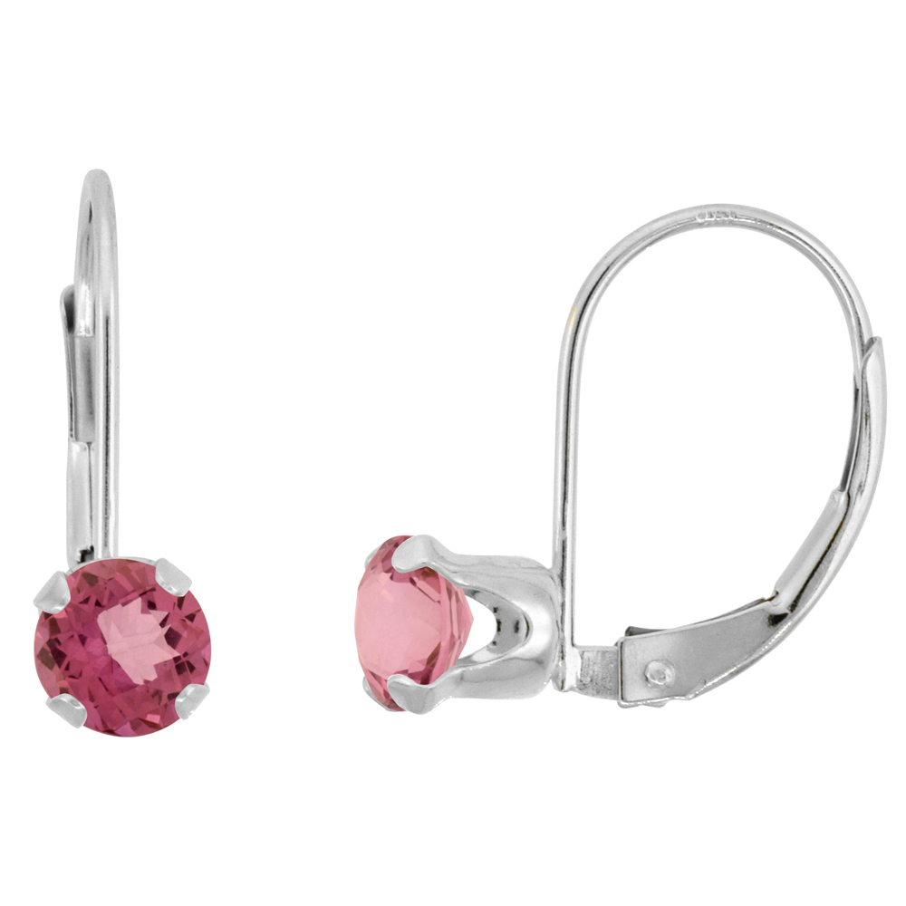 10K WHITE GOLD NATURAL RHODOLITE LEVERBACK EARRINGS 5MM ROUND 1 CT, 9/16 INCH