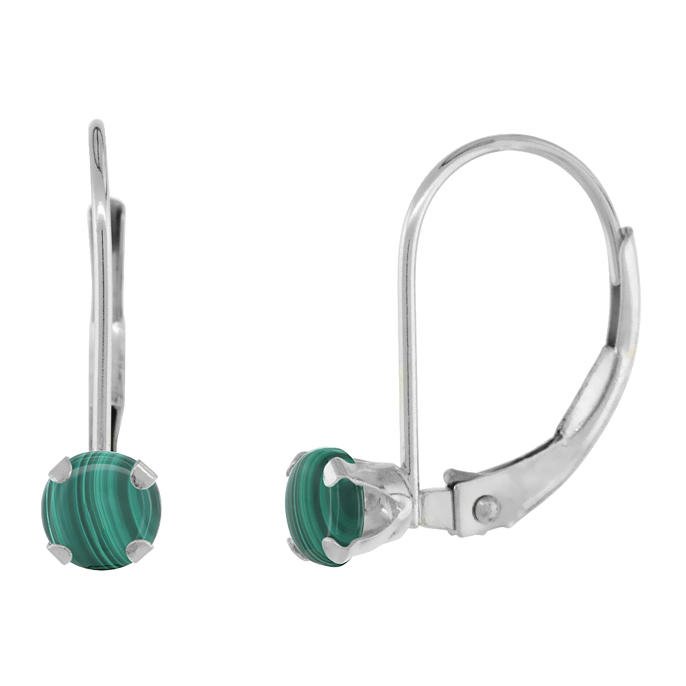 10K WHITE GOLD NATURAL MALACHITE LEVERBACK EARRINGS 4MM ROUND 0.50 CT, 9/16 INCH