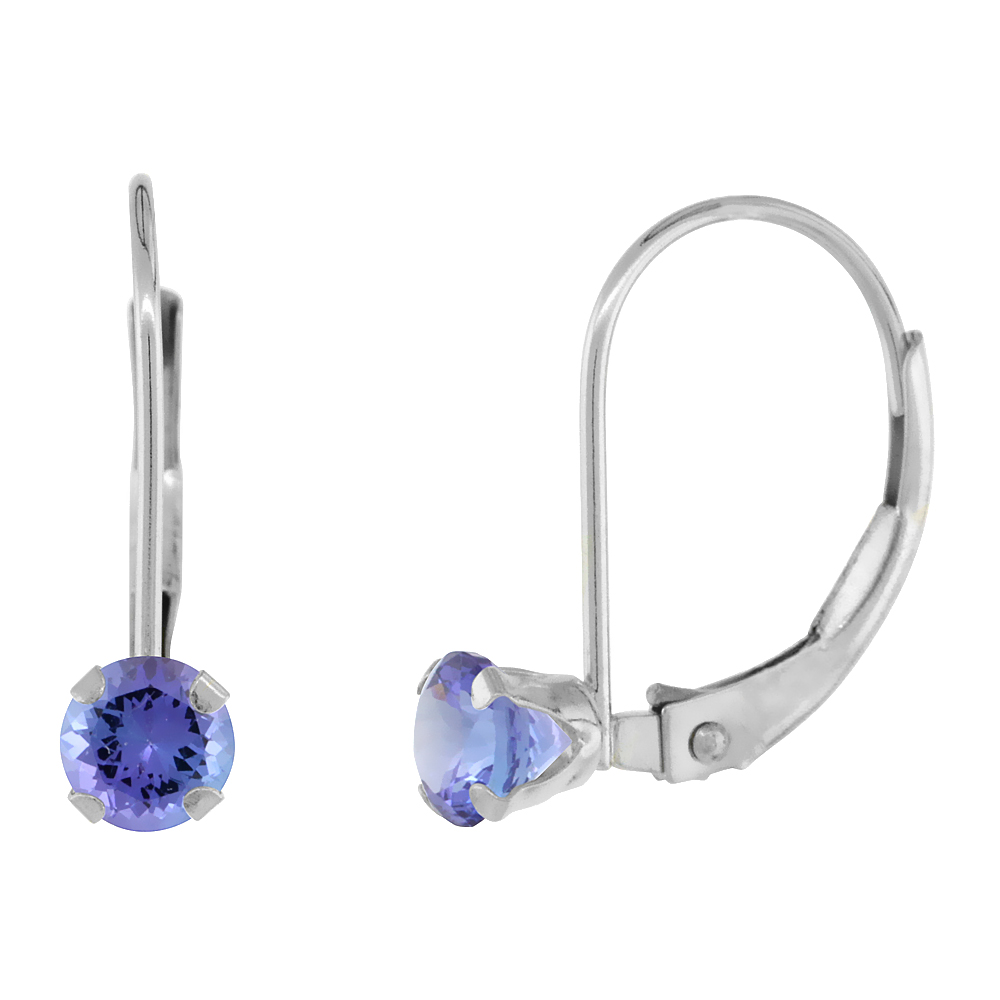 10K WHITE GOLD NATURAL TANZANITE LEVERBACK EARRINGS 4MM ROUND 0.50 CT, 9/16 INCH