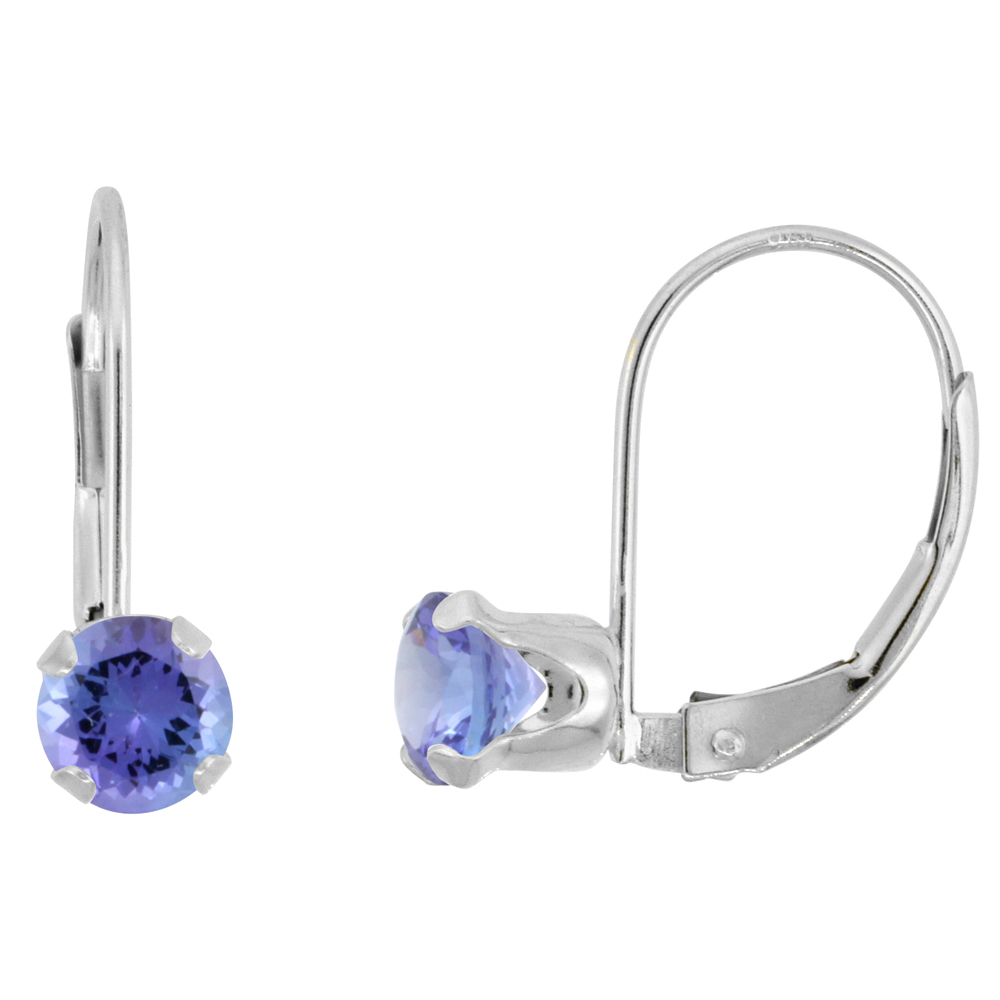 10K WHITE GOLD NATURAL TANZANITE LEVERBACK EARRINGS 5MM ROUND 1 CT, 9/16 INCH
