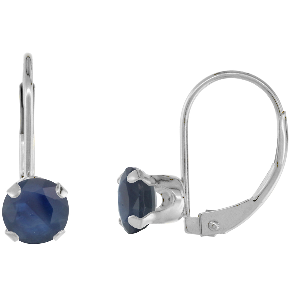 10K WHITE GOLD DIAMOND NATURAL QUALITY BLUE SAPPHIRE LEVERBACK EARRINGS 6MM ROUND 1.5 CT, 9/16 INCH