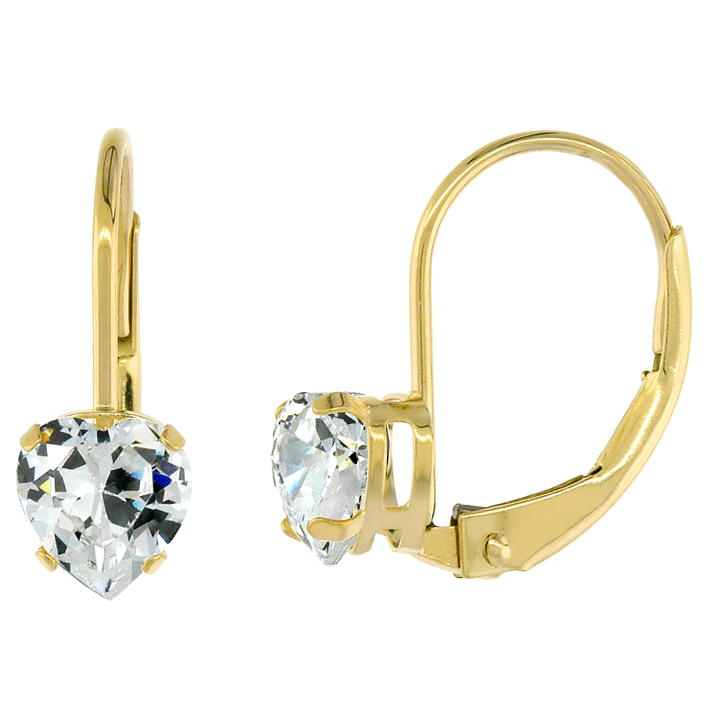 10K YELLOW GOLD CUBIC ZIRCONIA LEVERBACK EARRINGS 5MM HEART SHAPE 1 CT, 9/16 INCH