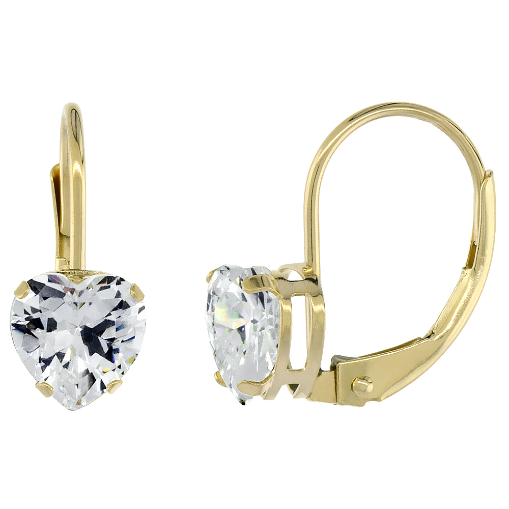 10k Yellow Gold Cubic Zirconia Leverback Earrings 6mm Heart Shape 1.5 ct, 9/16 inch