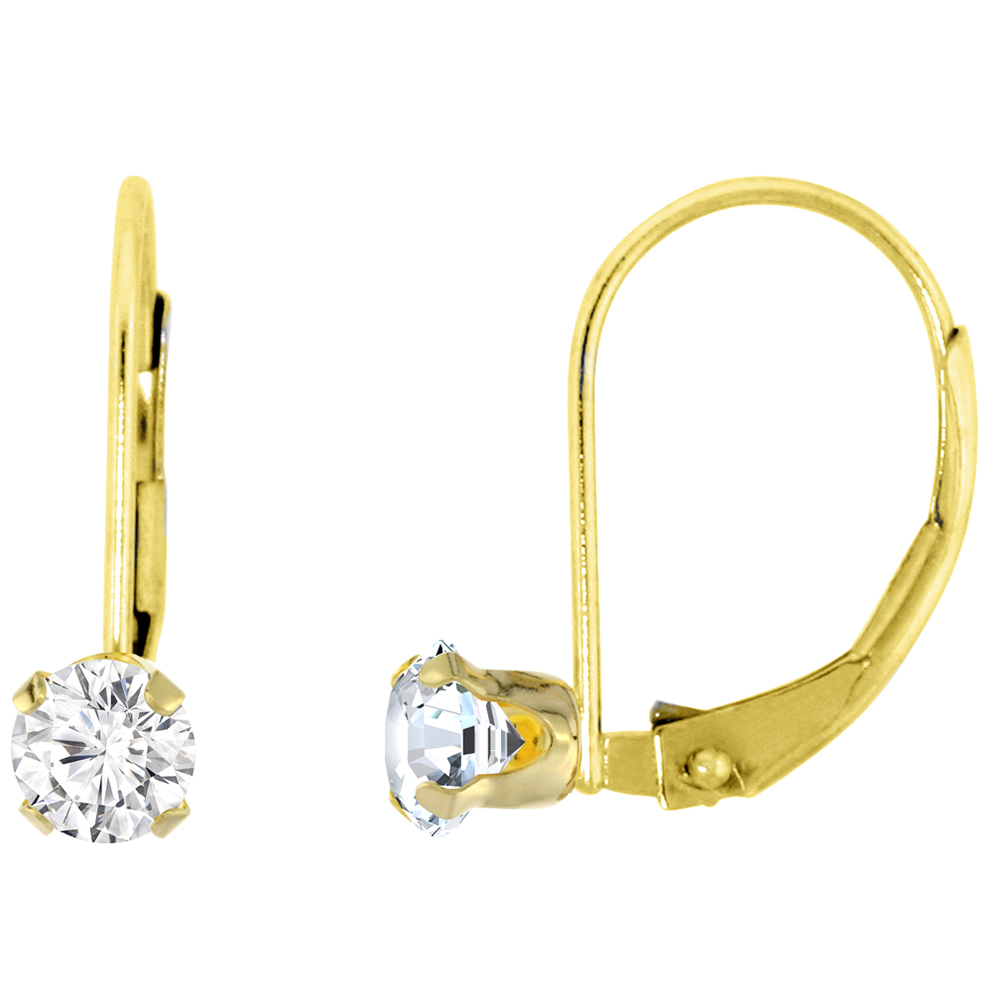 3mm 10k Yellow Gold Cubic Zirconia Leverback Earrings Round 0.22 ct, 9/16 inch