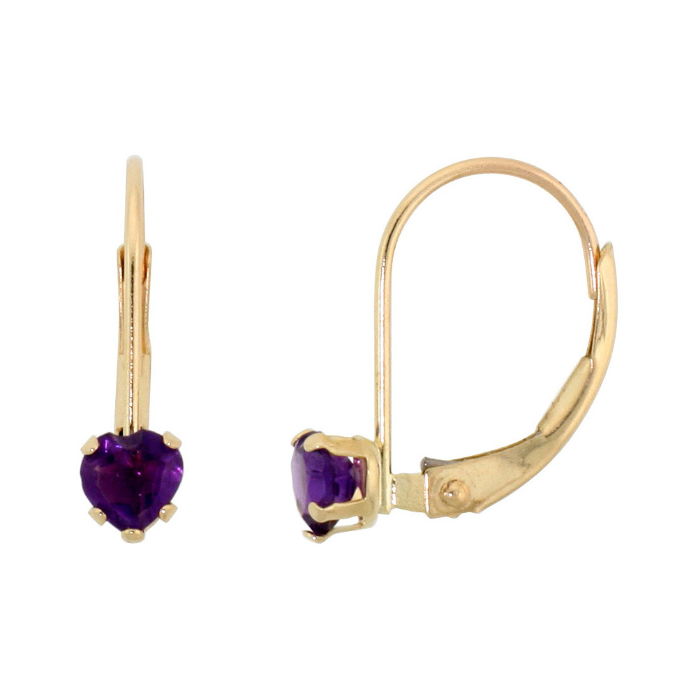 10K YELLOW GOLD NATURAL AMETHYST LEVERBACK EARRINGS 4MM HEART SHAPE 0.50 CT, 9/16 INCH