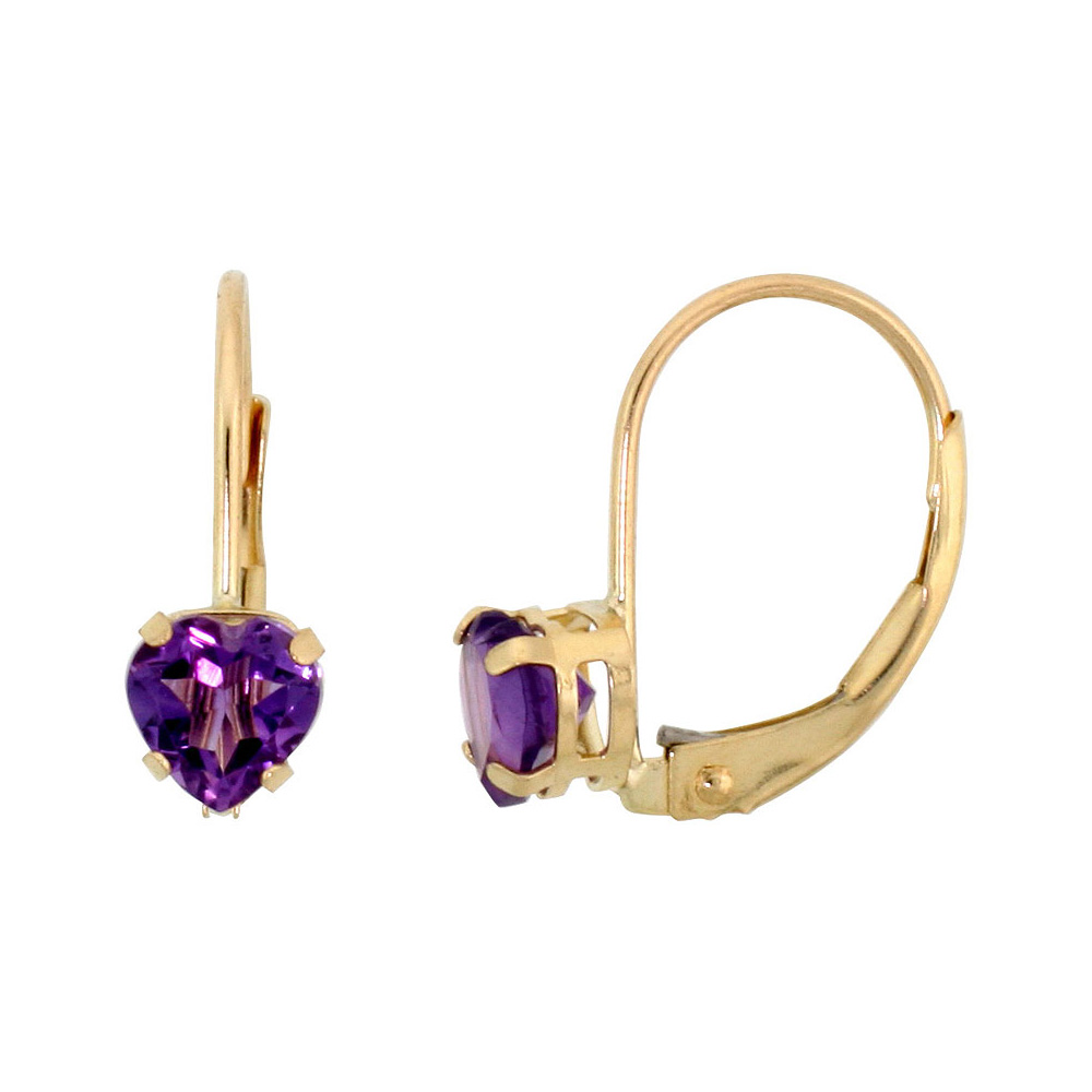 10k Yellow Gold Natural Amethyst Leverback Earrings 5mm Heart Shape 1 ct, 9/16 inch