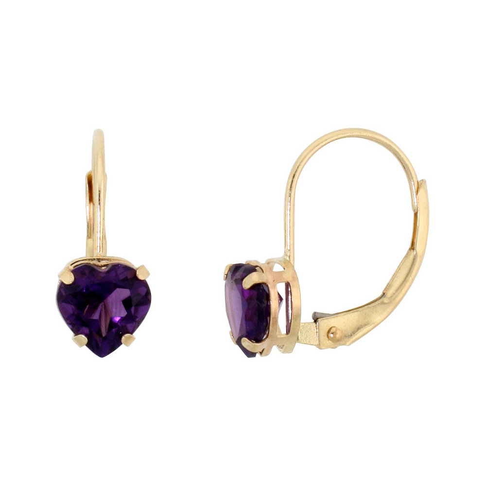 10K YELLOW GOLD NATURAL AMETHYST LEVERBACK EARRINGS 6MM HEART SHAPE 1.5 CT 9/16 INCH