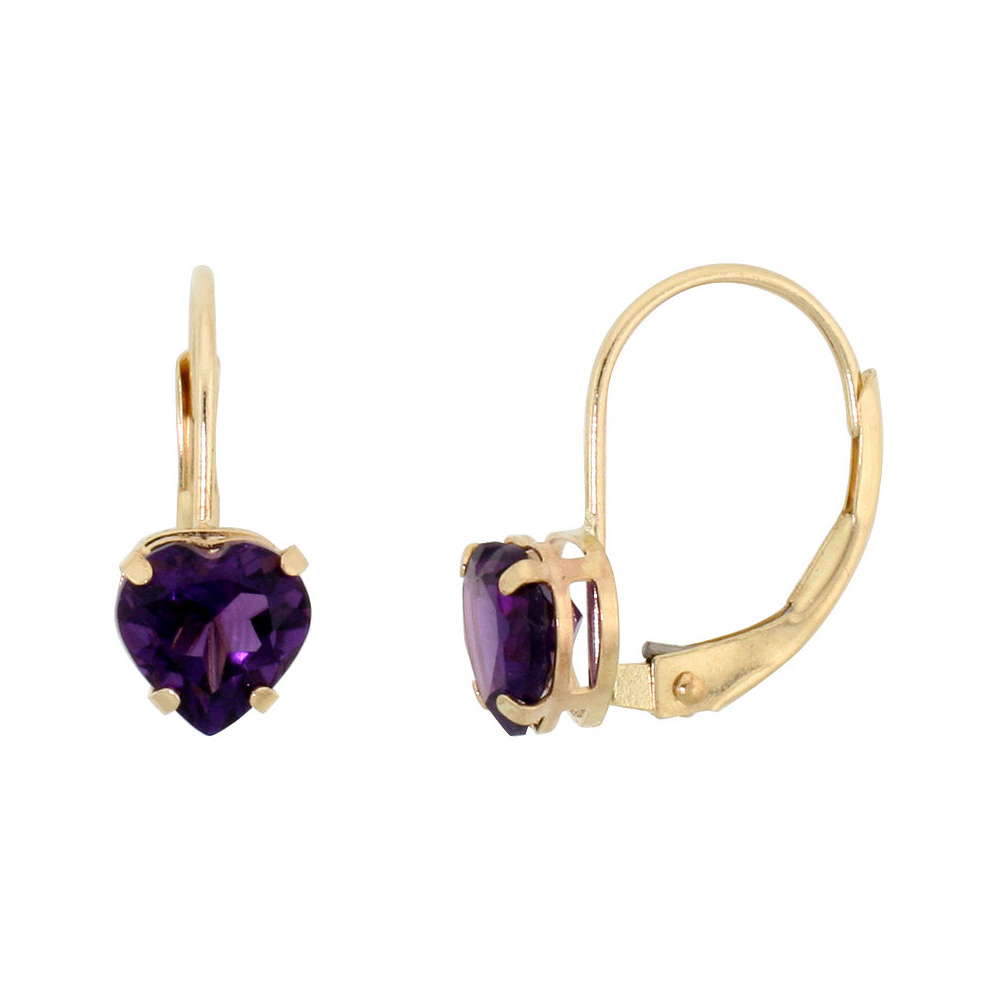 10k Yellow Gold Natural Amethyst Leverback Earrings 6mm Heart Shape 1.5 ct, 9/16 inch