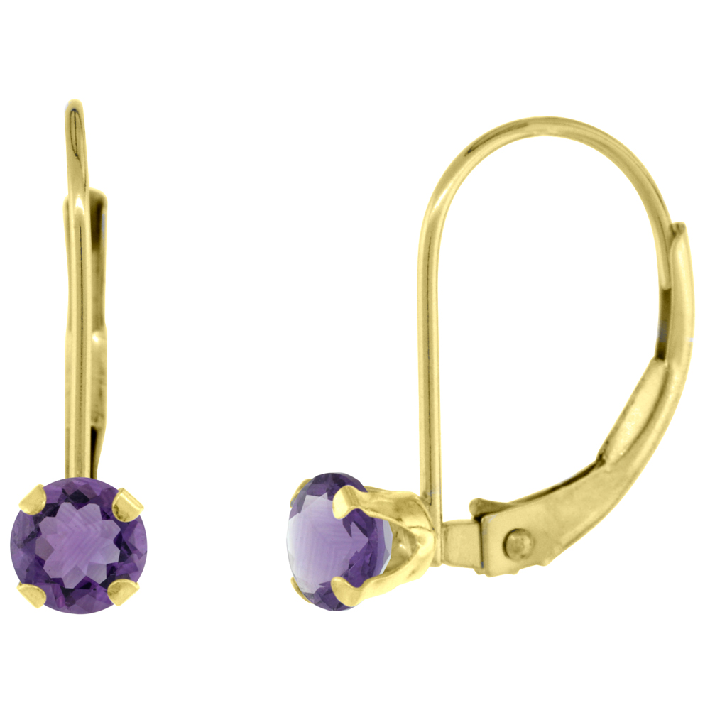 10K YELLOW GOLD NATURAL AMETHYST LEVERBACK EARRINGS 4MM ROUND 0.50 CT, 9/16 INCH