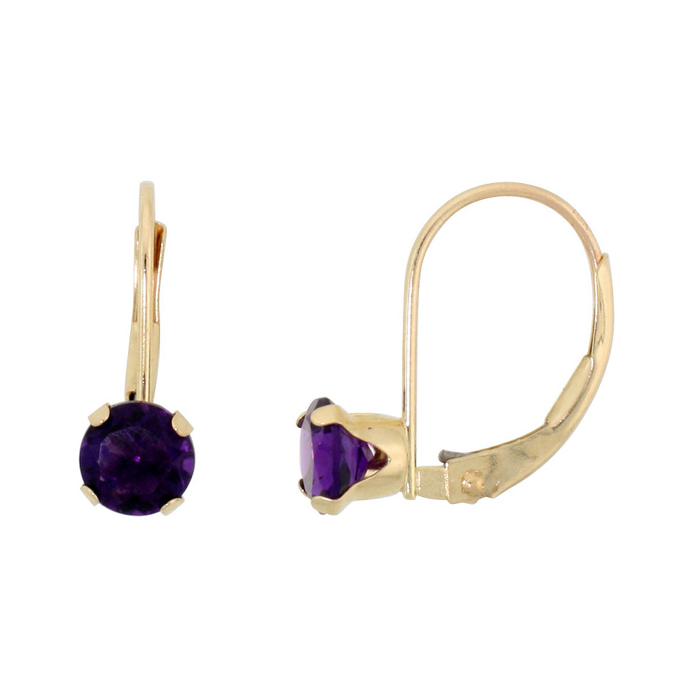10K YELLOW GOLD NATURAL AMETHYST LEVERBACK EARRINGS 5MM ROUND 1 CT, 9/16 INCH