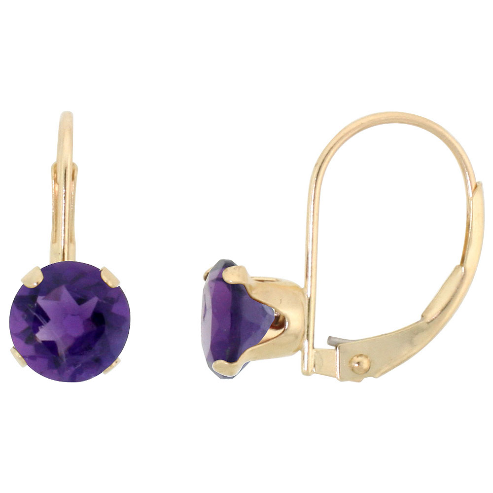 10K YELLOW GOLD NATURAL AMETHYST LEVERBACK EARRINGS 6MM ROUND 1.5 CT, 9/16 INCH