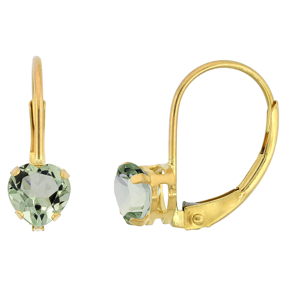 10K YELLOW GOLD NATURAL GREEN AMETHYST LEVERBACK EARRINGS 5MM HEART SHAPE 1 CT, 9/16 INCH