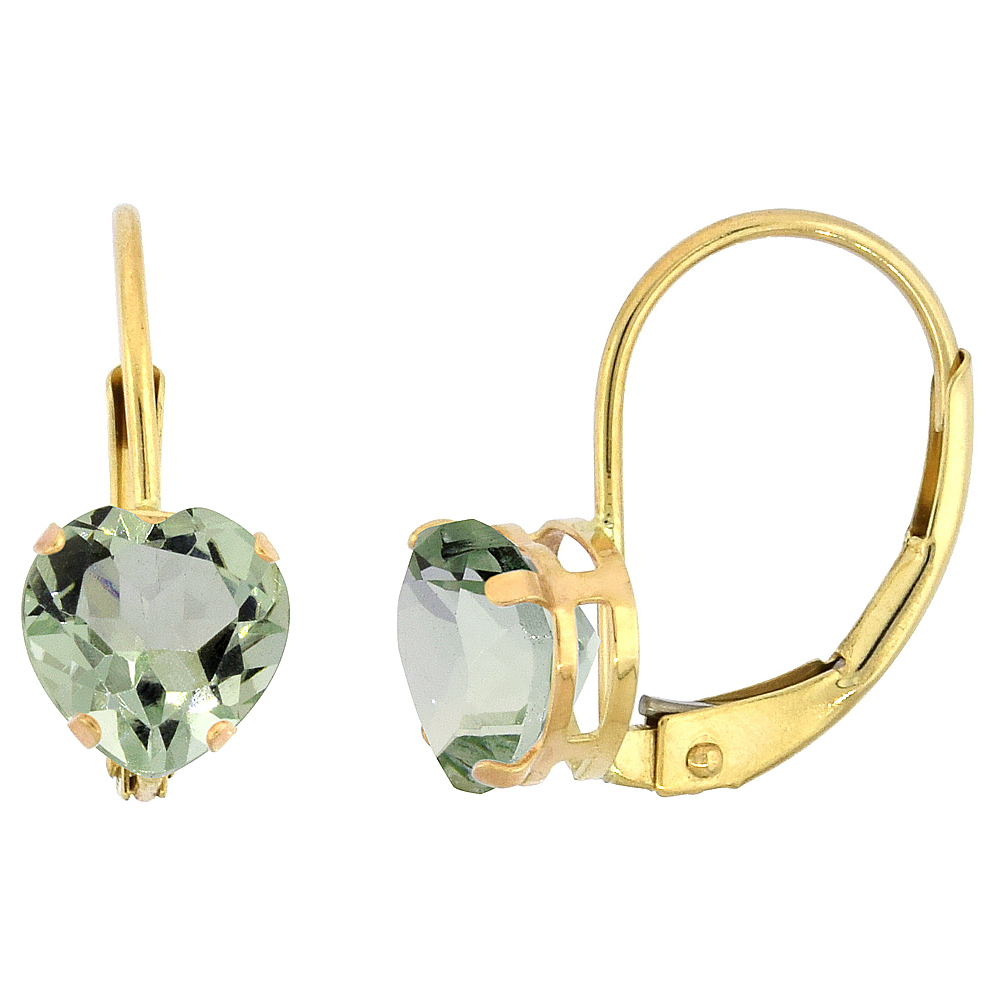 10K YELLOW GOLD NATURAL GREEN AMETHYST LEVERBACK EARRINGS 6MM HEART SHAPE 1.5 CT 9/16 INCH