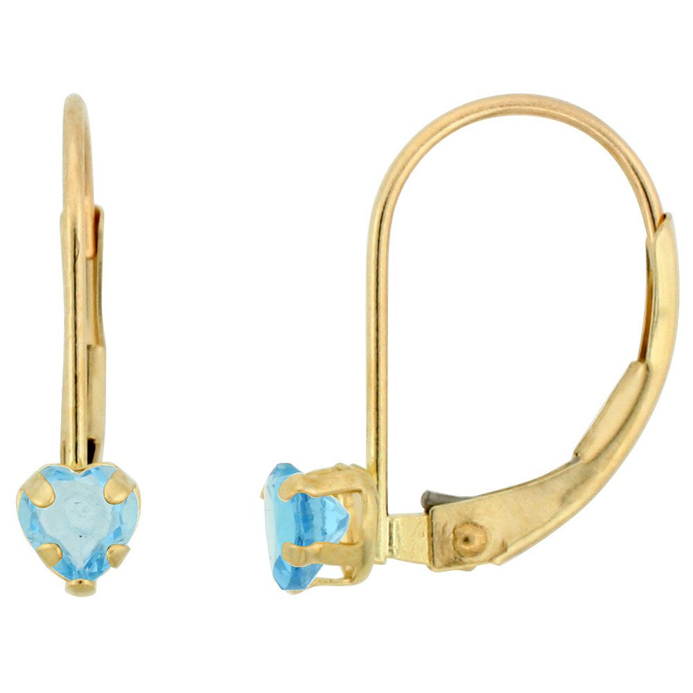 10k Yellow Gold Natural Blue Topaz Leverback Earrings 4mm Heart Shape 0.50 ct, 9/16 inch