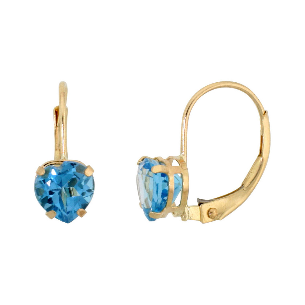 10K YELLOW GOLD NATURAL BLUE TOPAZ LEVERBACK EARRINGS 6MM HEART SHAPE 1.5 CT, 9/16 INCH