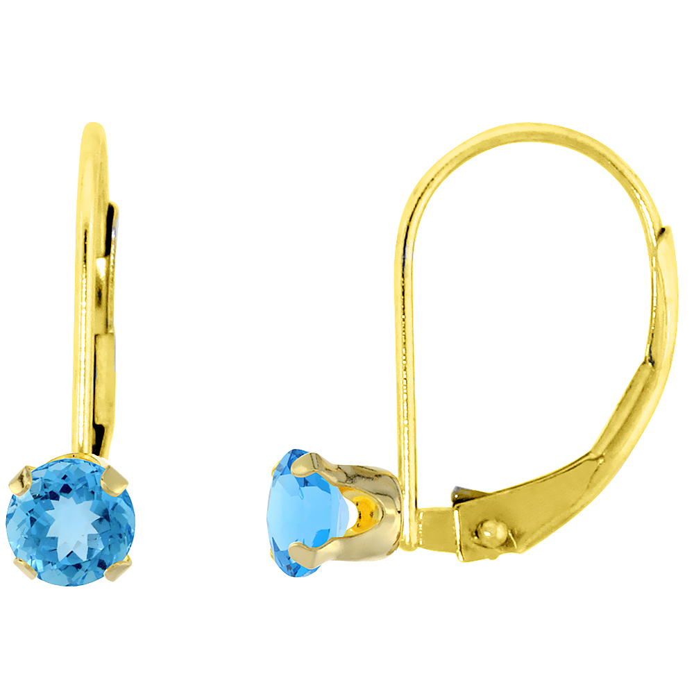 10K YELLOW GOLD NATURAL SWISS BLUE TOPAZ LEVERBACK EARRINGS 3MM ROUND 0.22 CT, 9/16 INCH