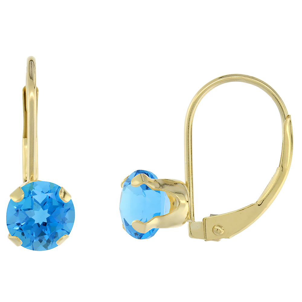 10K YELLOW GOLD NATURAL SWISS BLUE TOPAZ LEVERBACK EARRINGS 6MM ROUND 1.5 CT, 9/16 INCH
