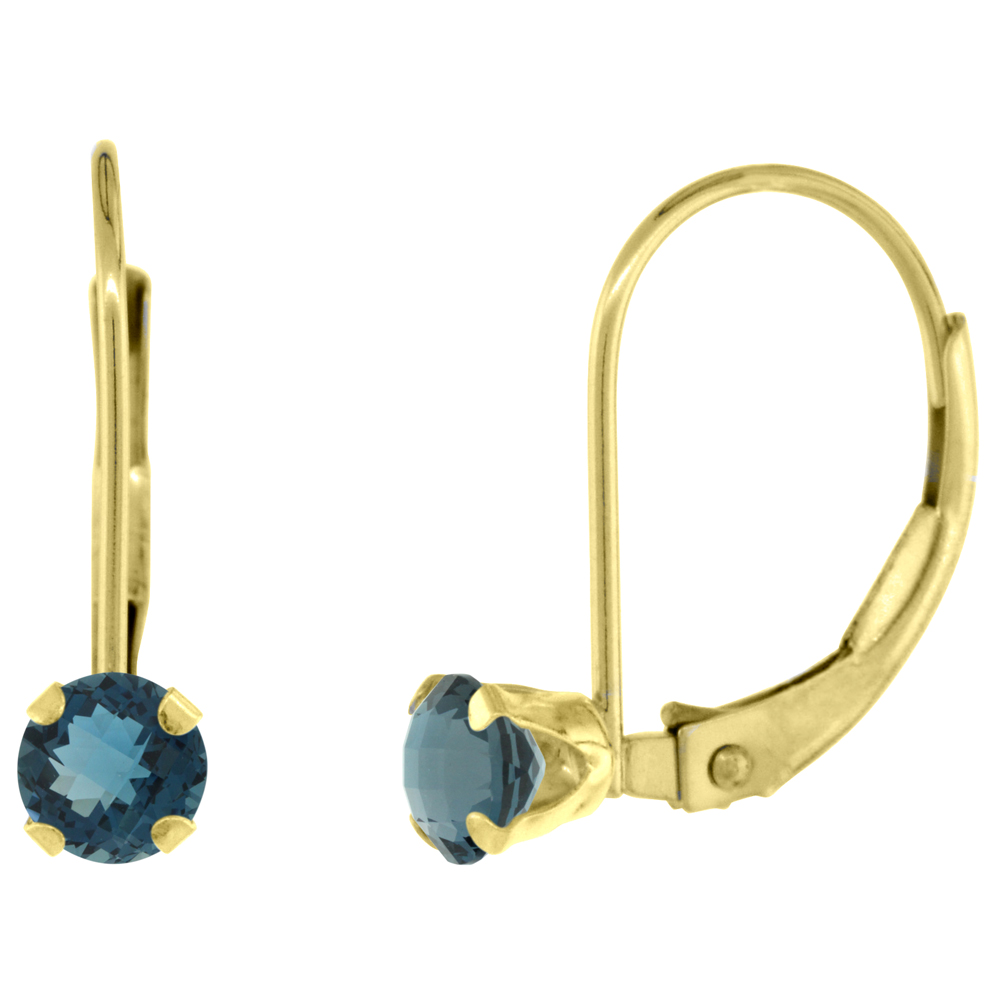 10K YELLOW GOLD NATURAL LONDON BLUE TOPAZ LEVERBACK EARRINGS 4MM ROUND 0.50 CT, 9/16 INCH