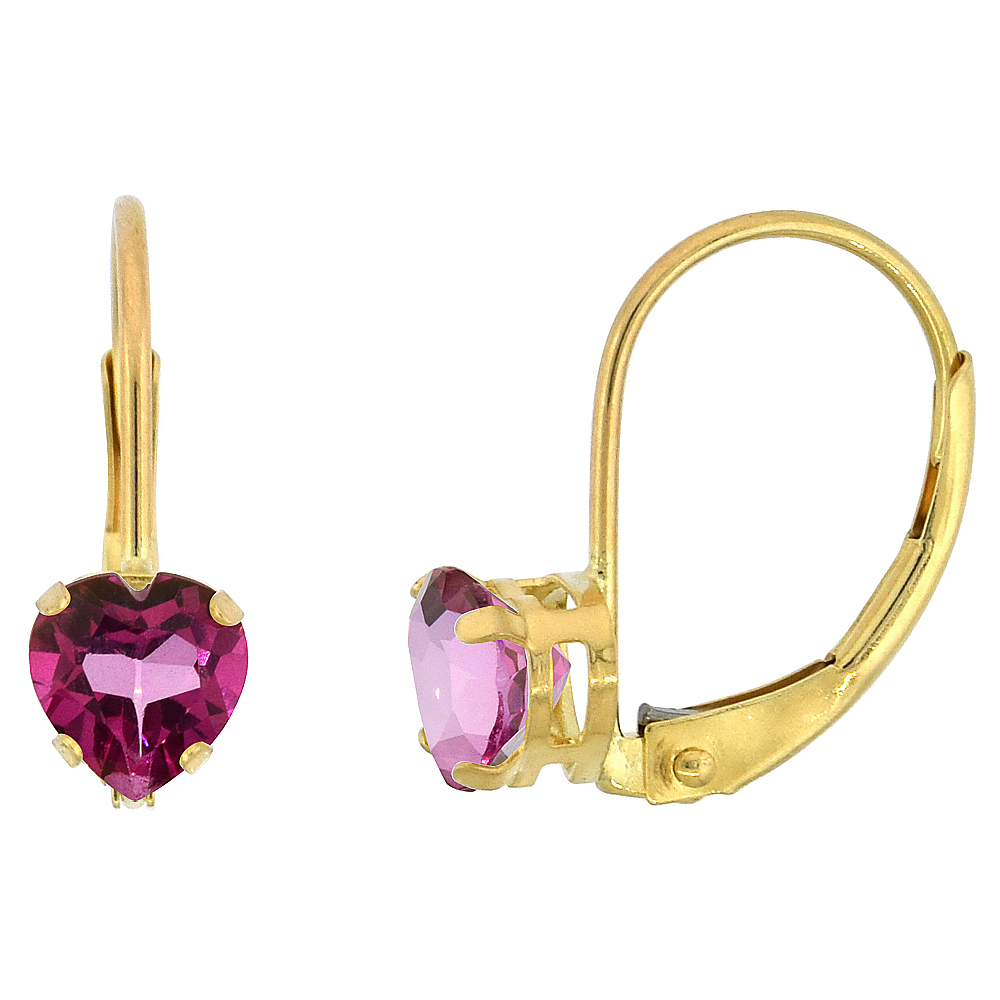10K YELLOW GOLD NATURAL PINK TOPAZ LEVERBACK EARRINGS 5MM HEART SHAPE 1 CT, 9/16 INCH