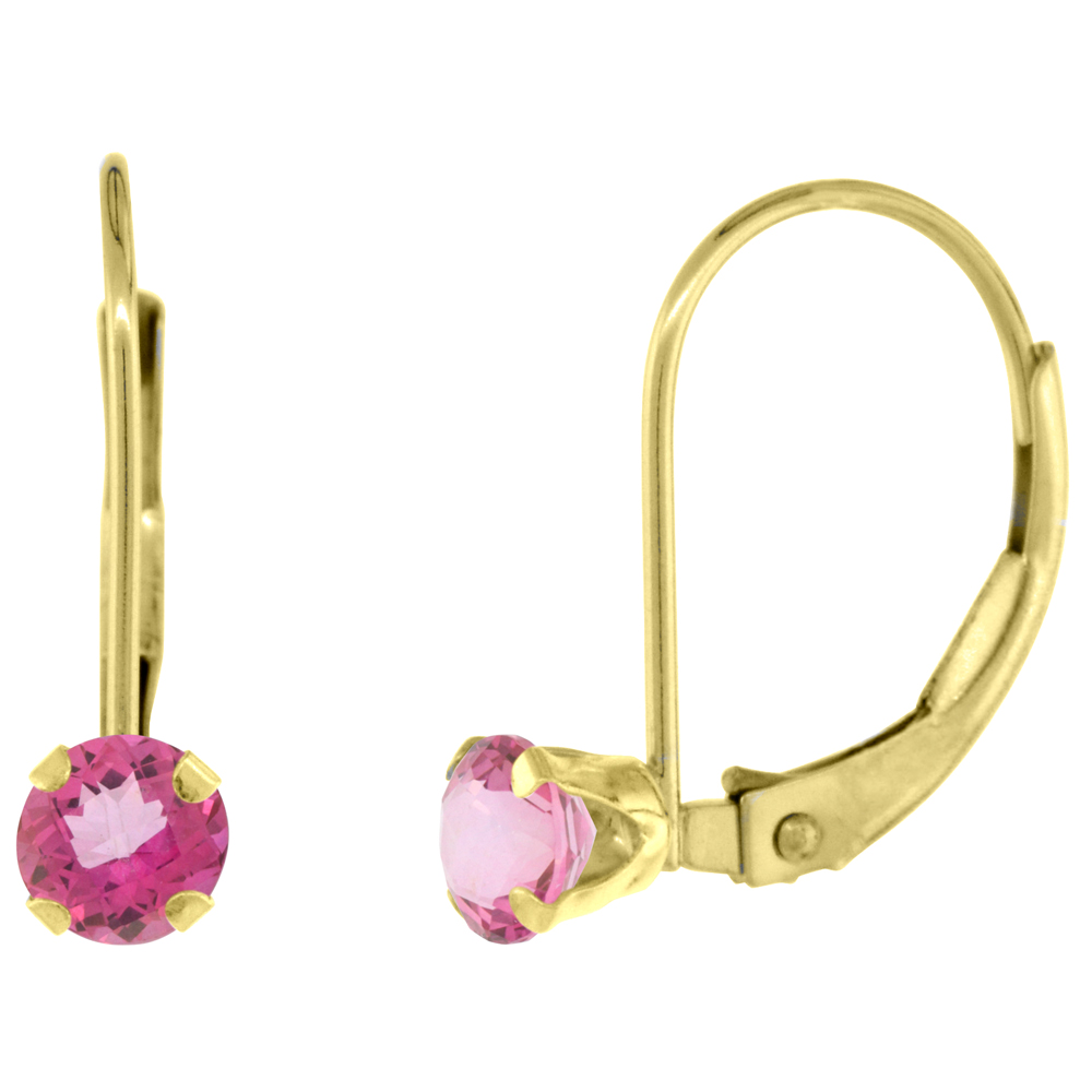 10K YELLOW GOLD NATURAL PINK TOPAZ LEVERBACK EARRINGS 4MM ROUND 0.50 CT, 9/16 INCH