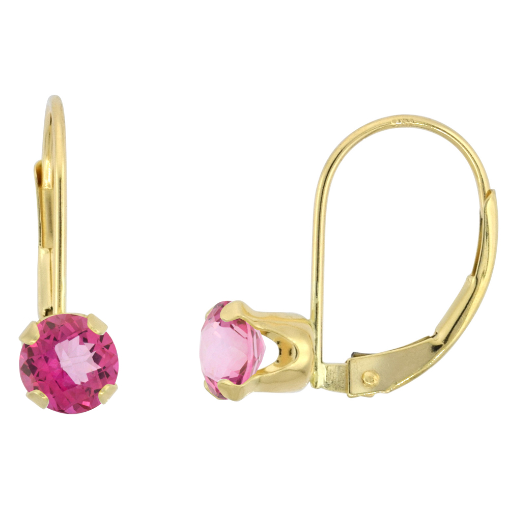 10K YELLOW GOLD NATURAL PINK TOPAZ LEVERBACK EARRINGS 5MM ROUND 1 CT, 9/16 INCH