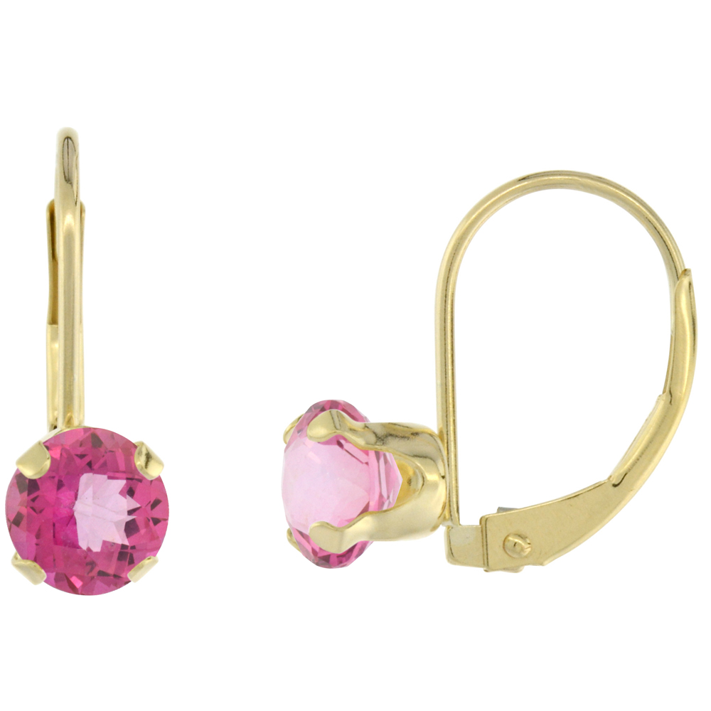 10K YELLOW GOLD NATURAL PINK TOPAZ LEVERBACK EARRINGS 6MM ROUND 1.5 CT, 9/16 INCH