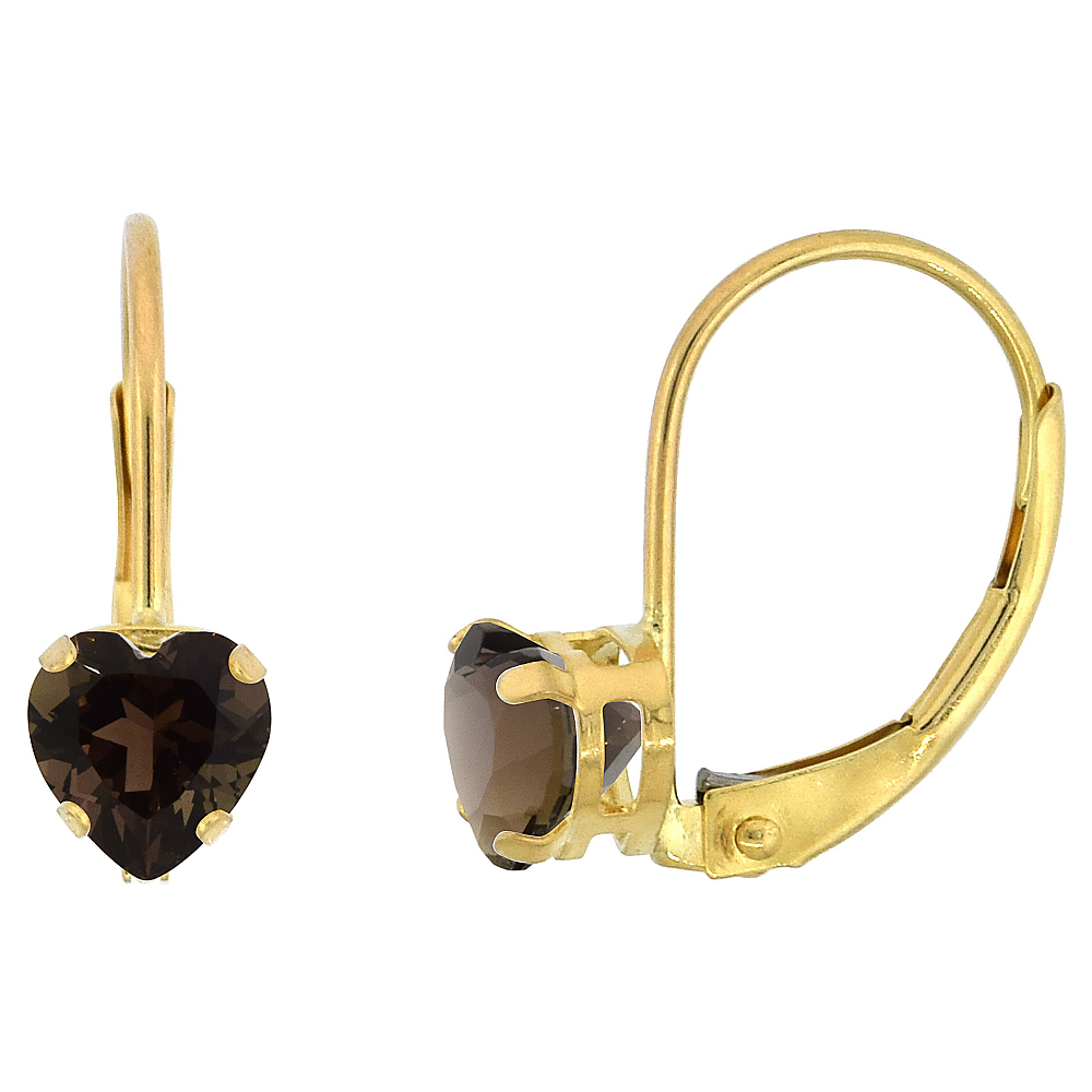 10K YELLOW GOLD NATURAL SMOKY TOPAZ LEVERBACK EARRINGS 5MM HEART SHAPE 1 CT, 9/16 INCH