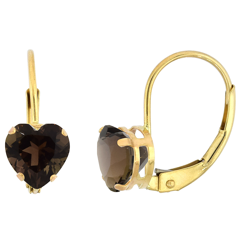 10K YELLOW GOLD NATURAL SMOKY TOPAZ LEVERBACK EARRINGS 6MM HEART SHAPE 1.5 CT, 9/16 INCH