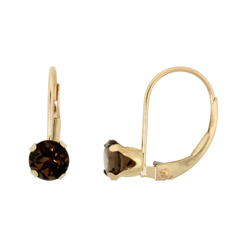 10k Yellow Gold Natural Smoky Topaz Leverback Earrings 5mm Round 1 ct, 9/16 inch