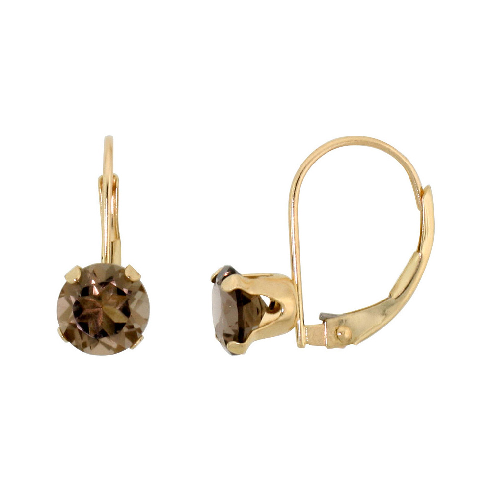 10K YELLOW GOLD NATURAL SMOKY TOPAZ LEVERBACK EARRINGS 6MM ROUND 1.5 CT, 9/16 INCH