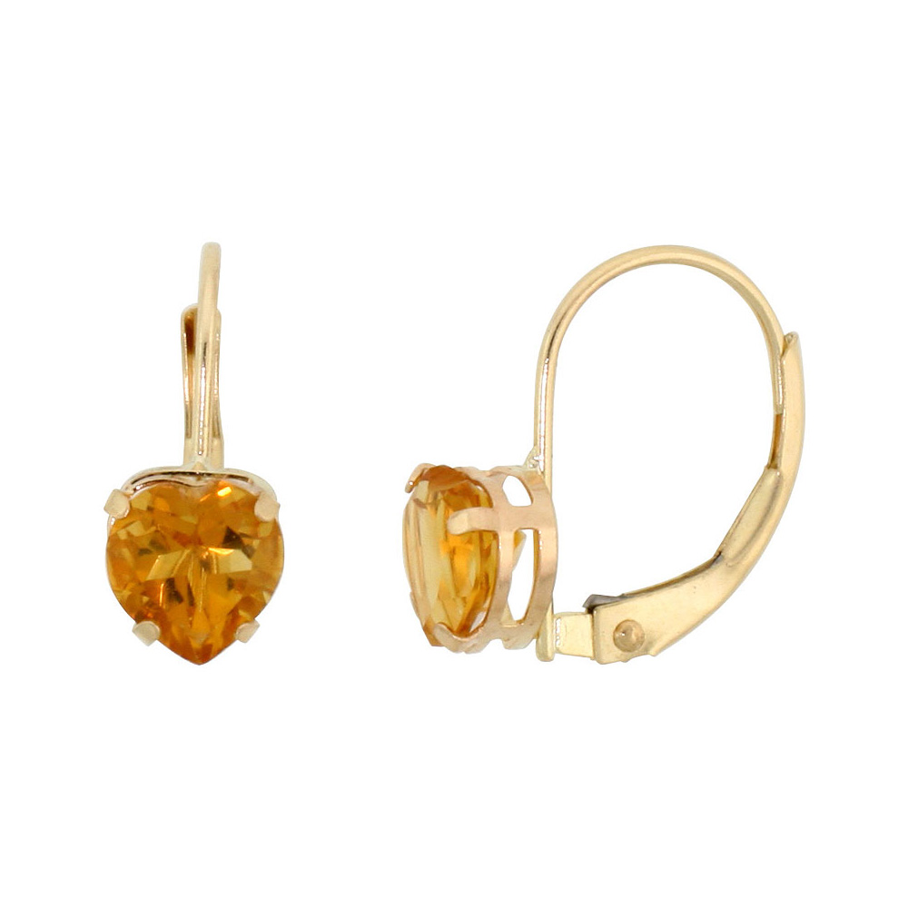 10K YELLOW GOLD NATURAL CITRINE LEVERBACK EARRINGS 6MM HEART SHAPE 1.5 CT, 9/16 INCH