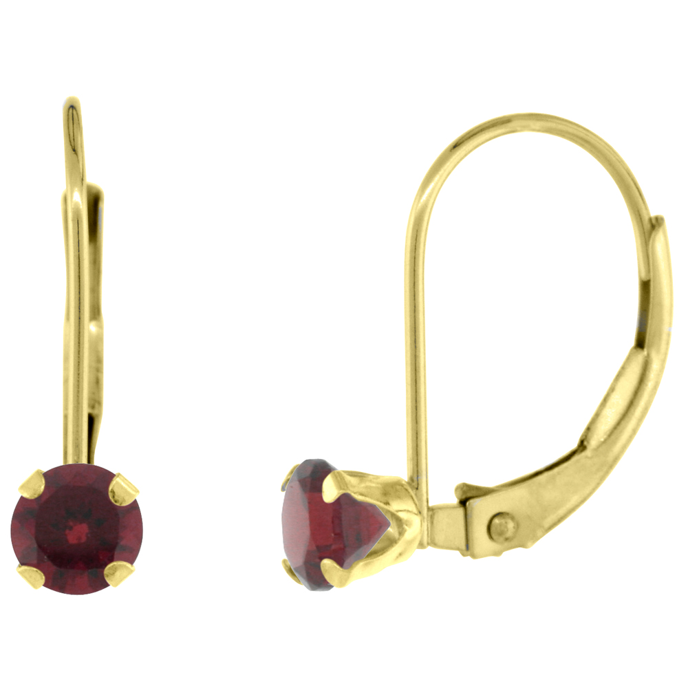 10K YELLOW GOLD NATURAL GARNET LEVERBACK EARRINGS 4MM ROUND 0.50 CT, 9/16 INCH