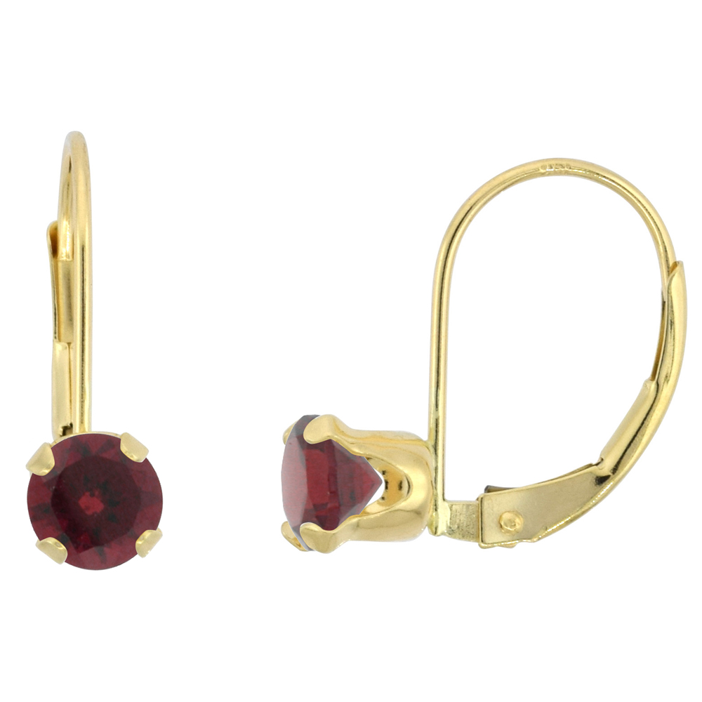 10K YELLOW GOLD NATURAL GARNET LEVERBACK EARRINGS 5MM ROUND 1 CT, 9/16 INCH