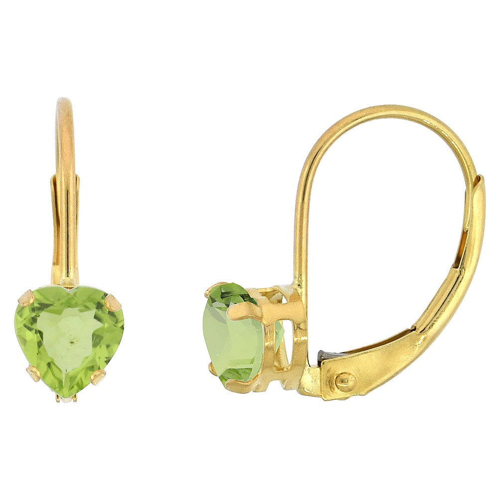10K YELLOW GOLD NATURAL PERIDOT LEVERBACK EARRINGS 5MM HEART SHAPE 1 CT, 9/16 INCH