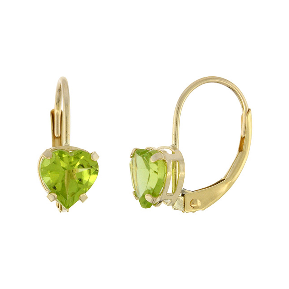 10K YELLOW GOLD NATURAL PERIDOT LEVERBACK EARRINGS 6MM HEART SHAPE 1.5 CT, 9/16 INCH