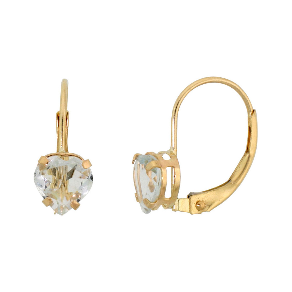 10K YELLOW GOLD NATURAL AQUAMARINE LEVERBACK EARRINGS 6MM HEART SHAPE 1.5 CT, 9/16 INCH