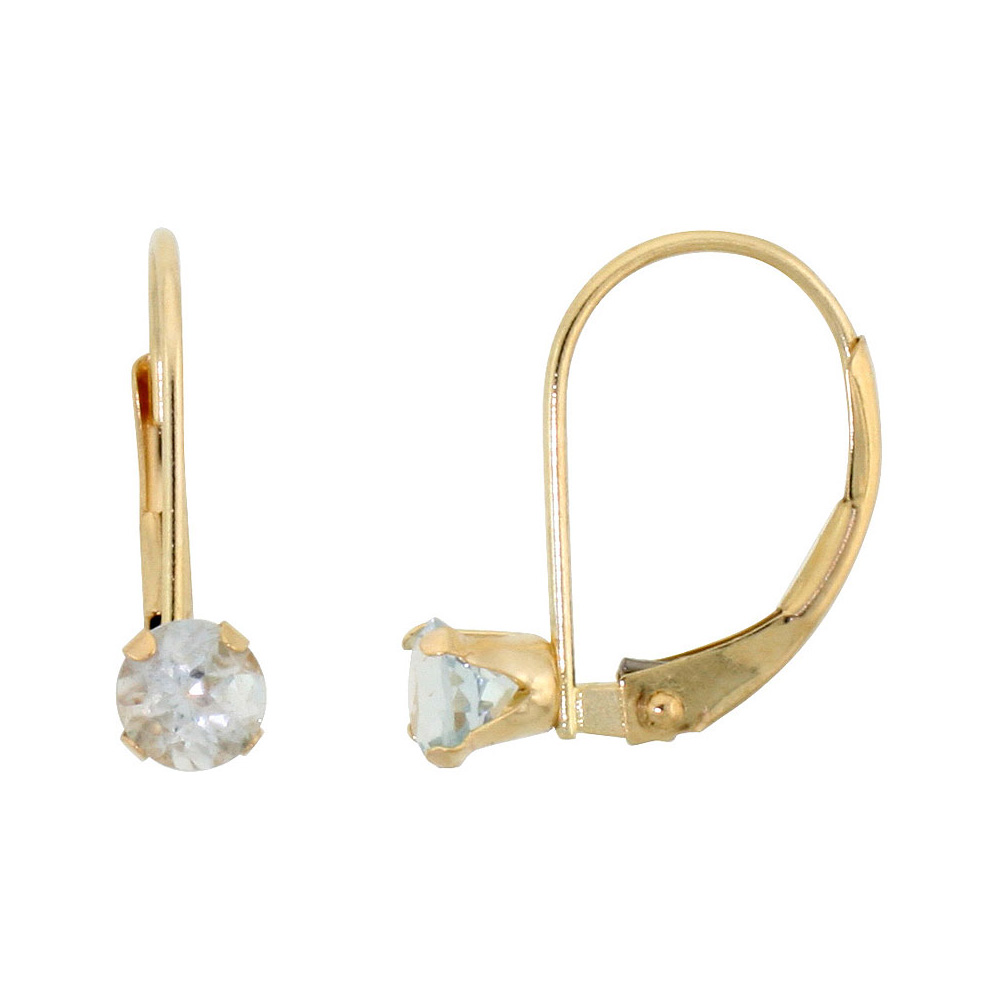 10k Yellow Gold Natural Aquamarine Leverback Earrings 4mm Round 0.50 ct, 9/16 inch