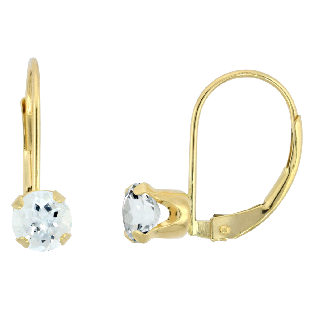 10k Yellow Gold Natural Aquamarine Leverback Earrings 5mm Round 1 ct, 9/16 inch