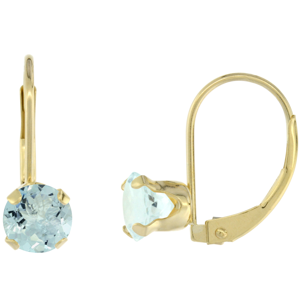 10K YELLOW GOLD NATURAL AQUAMARINE LEVERBACK EARRINGS 6MM ROUND 1.5 CT, 9/16 INCH