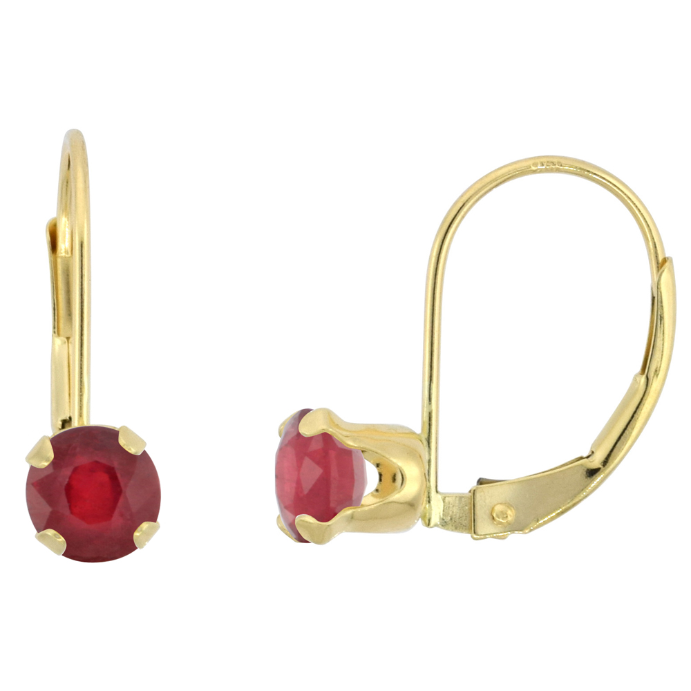 10K YELLOW GOLD ENHANCED GENUINE RUBY LEVERBACK EARRINGS 5MM ROUND 1 CT, 9/16 INCH
