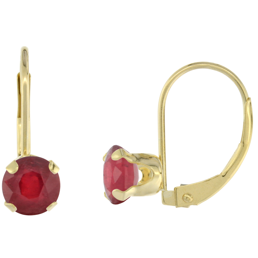 10K YELLOW GOLD ENHANCED GENUINE RUBY LEVERBACK EARRINGS 6MM ROUND 1.5 CT, 9/16 INCH