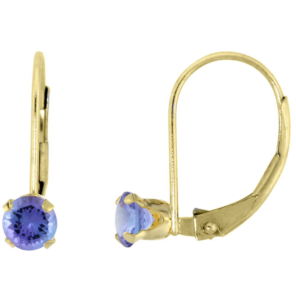 10K YELLOW GOLD NATURAL TANZANITE LEVERBACK EARRINGS 3MM ROUND 0.22 CT, 9/16 INCH